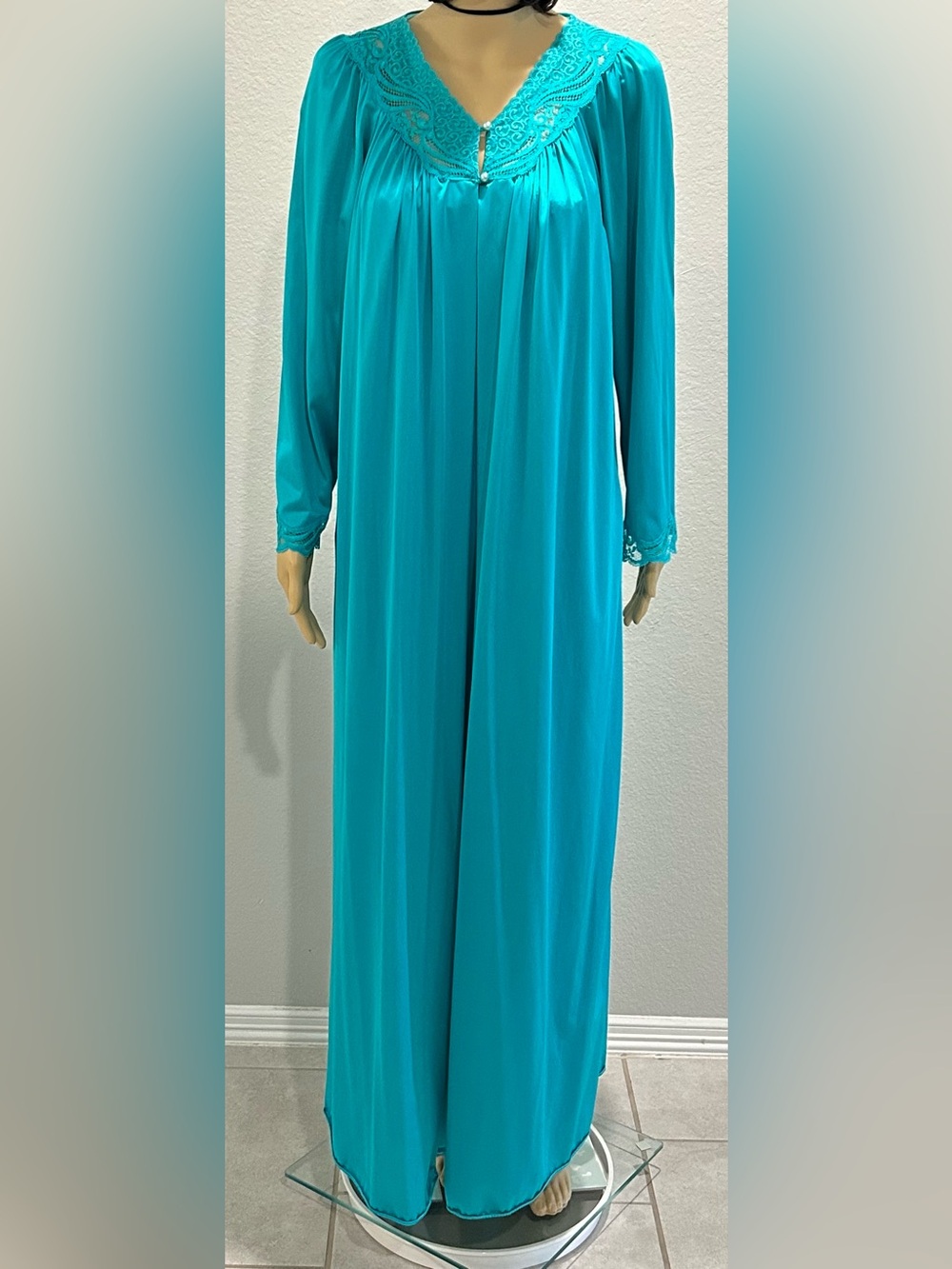 Long Sleeve Teal Women's Sleep Gown & Robe with Lace Cuffs 2 piece